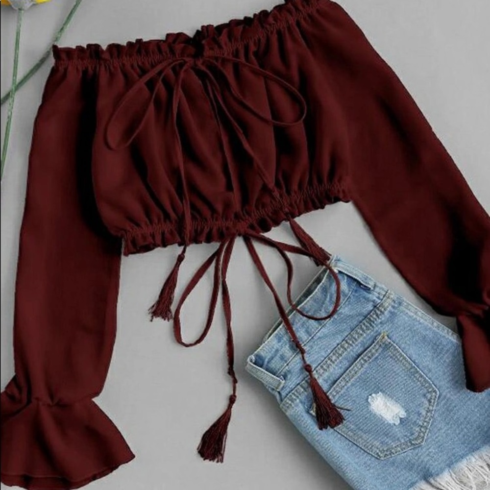 SHEIN Split Front Frill Trim Drawstring Crop Top Burgundy